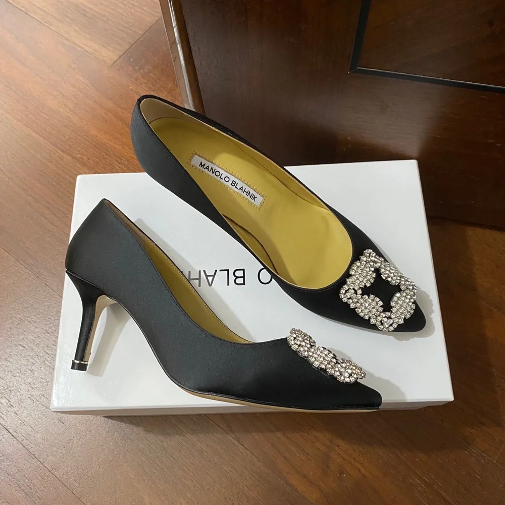 Manolo Blahnik Black Satin Crystal Buckle Mid Heel Pumps